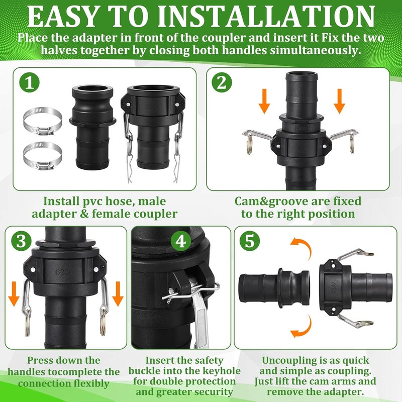 Innconee 2 Set Camlock Fittings Type C&E 2 Inch Polypropylene Cam and Groove Hose Fitting Kit Include 2" Female Coupling Cam Lock, 2" Male Adapter Camlock, Gasket, Hose Clamps for Industrial - Image 5